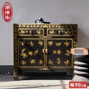 【C'est Chic】金閣描花雙抽雙門楊木收納櫃-幅90cm-風化黑