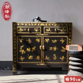 【C'est Chic】金閣描花雙抽雙門楊木收納櫃-幅90cm-風化黑