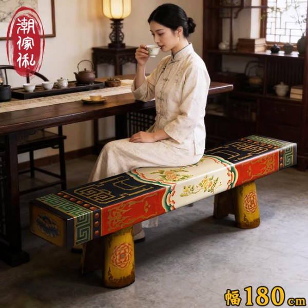 【C'est Chic】秋荷映月手繪楊木長凳-幅180cm-風化紅