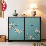 【C'est Chic】鳥啼山曉手繪實木四門鞋櫃-幅118cm-黑框風化藍綠