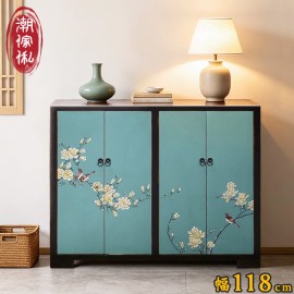 【C'est Chic】鳥啼山曉手繪實木四門鞋櫃-幅118cm-黑框風化藍綠