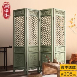 【C'est Chic】暮江吟實木透雕四片式屏風-風化豆綠